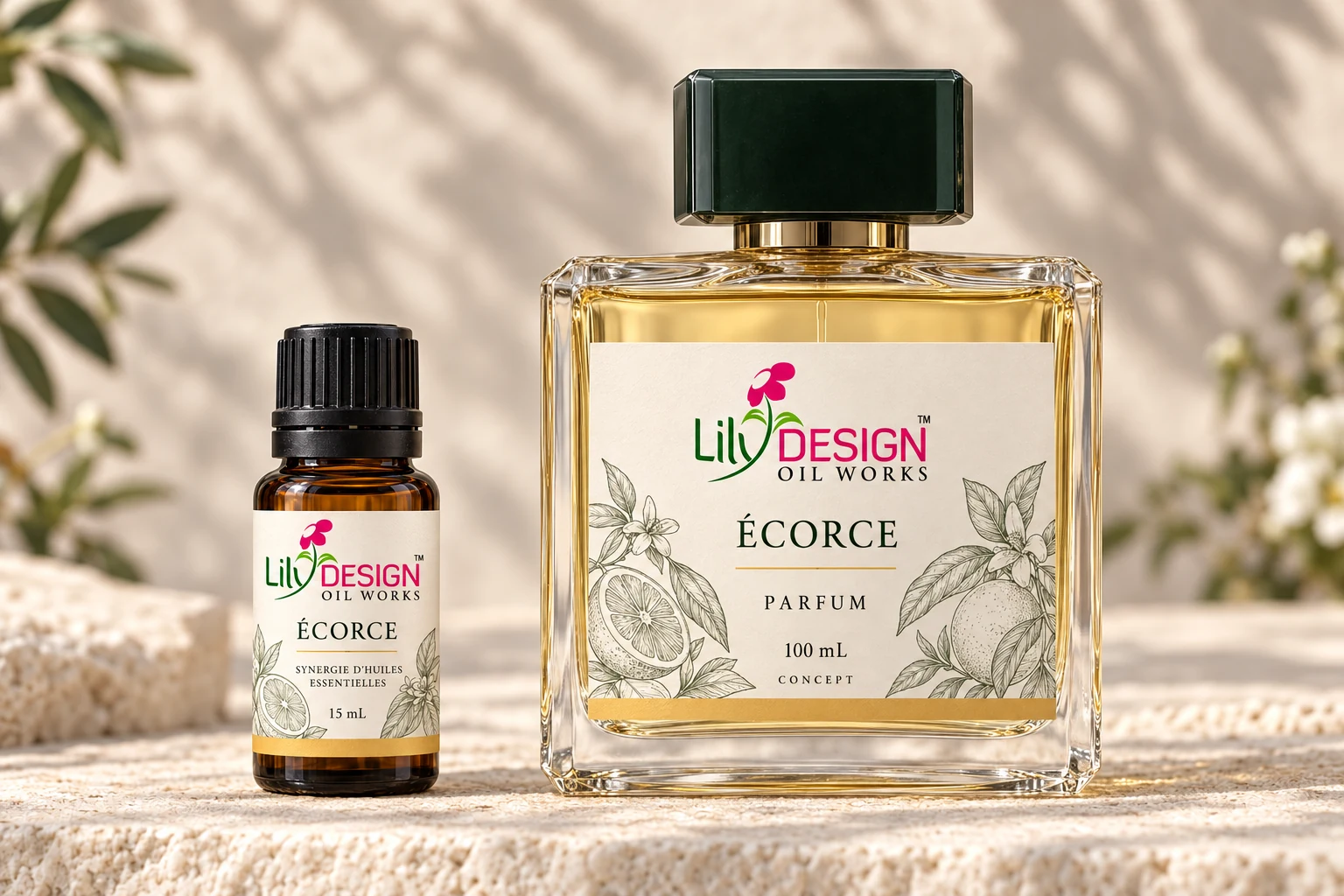 Écorce : petit flacon ambré de synergie 15 mL à côté de son grand flacon de parfum 100 mL, concepts Lily Design