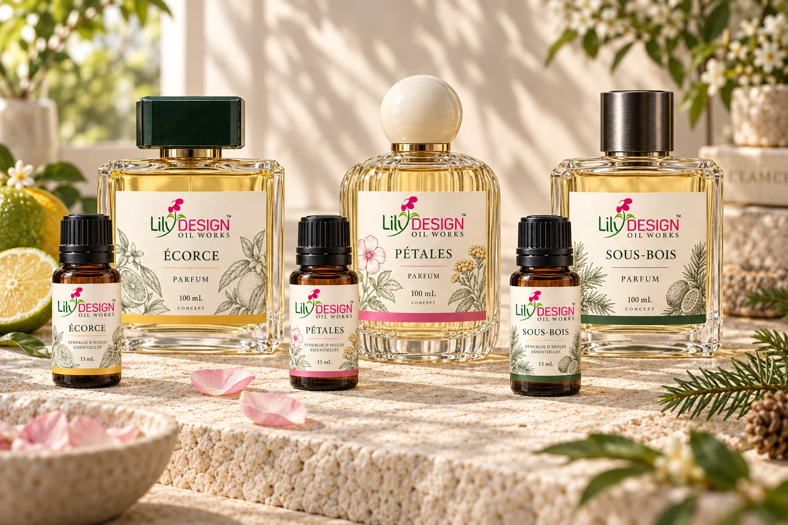 Concepts Lily Design Écorce, Pétales et Sous-bois : trois synergies 15 mL et leurs parfums 100 mL avec leurs étiquettes botaniques