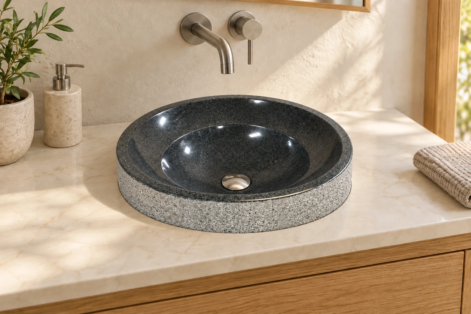 Illustration du lavabo LD-A059 G654 posé de niveau et partiellement encastré dans le comptoir