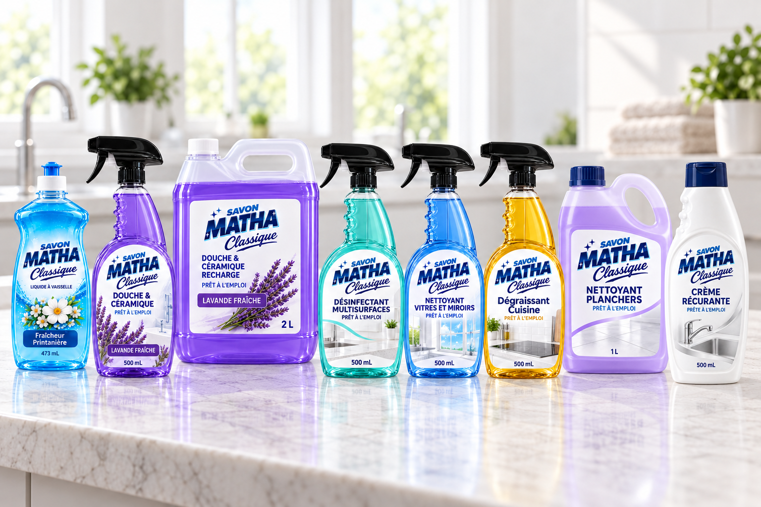 Toute la gamme Savon Matha Classique : vaisselle, douche, recharge, désinfectant multisurfaces, vitres et miroirs, dégraissant cuisine, planchers et crème récurante