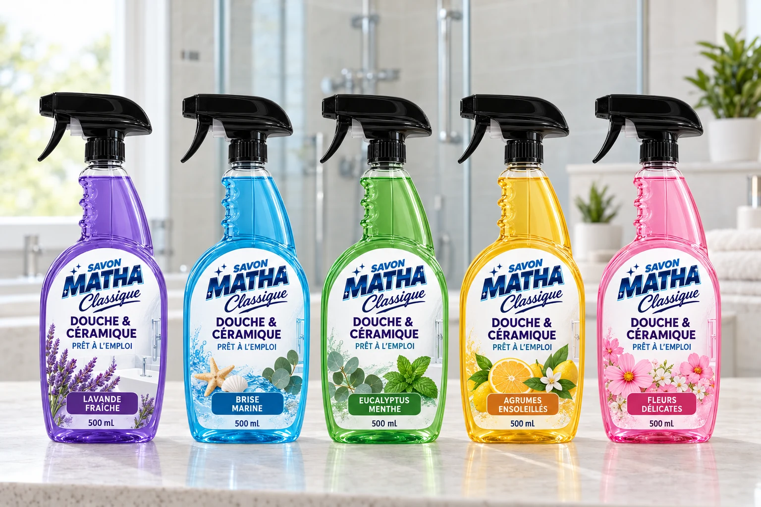 Cinq vaporisateurs Douche & Céramique de 500 mL, avec le logo Savon Matha Classique