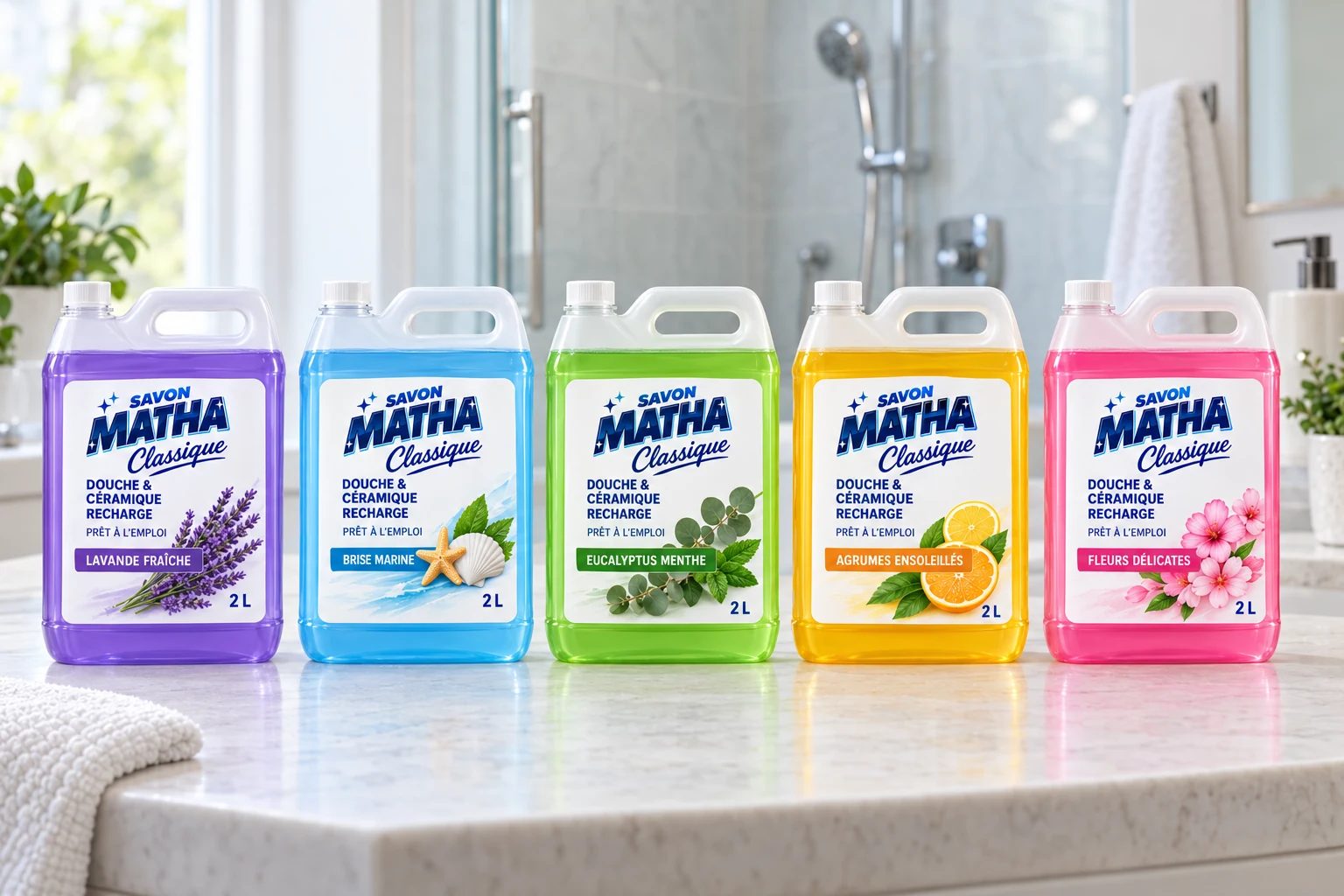 Les cinq recharges Douche & Céramique Savon Matha Classique de 2 L