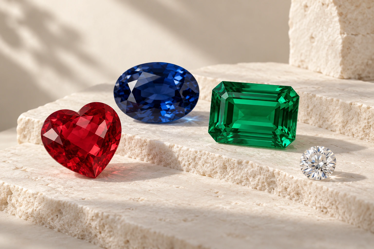 Illustration d’un rubis synthétique cœur rouge, d’un saphir synthétique ovale bleu, d’une émeraude synthétique rectangulaire verte et d’une zircone cubique ronde incolore